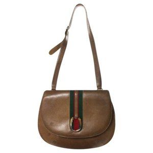 Gucci Vintage Tanmedium Brown Leather Shoulder Bag With Red Green Center